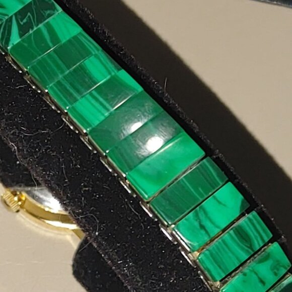 Michelle Louise Wristwatch Malachite Vintage Style Roman Numeral Gold Tone Bezel - Picture 9 of 9